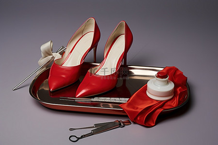 银色托盘的图像，里面装有手术用品，包括红色皮鞋和剪刀