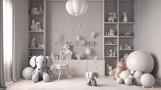 迷人的 3D 儿童房场景，配有玩具大象和婴儿泰迪熊模型