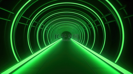 空间通道背景图片_照亮的绿色霓虹灯未来隧道 4k uhd 3d 插图