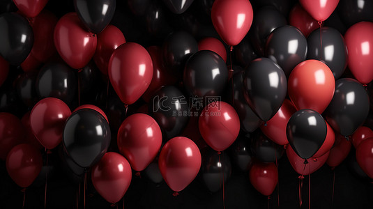 喜庆横幅背景图片_3d 在黑暗背景下渲染喜庆的红色和黑色气球