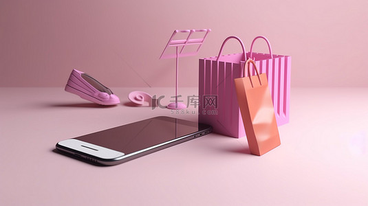 购买需知背景图片_显示 3D 在线购物商店概念的手机，带有购买购物袋和送货图标