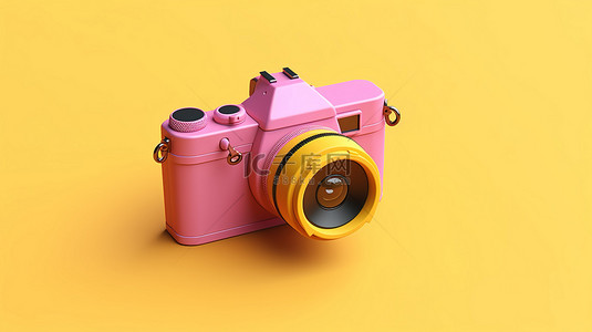 黄色背景简单背景图片_用粉红色相机渲染黄色背景的 3D 渲染插图