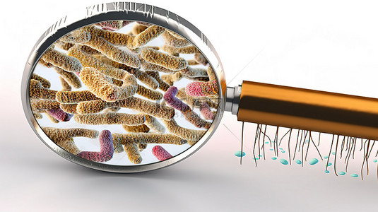 在白色背景 3D 渲染下放大后牙齿上存在的细菌和病毒的特写视图