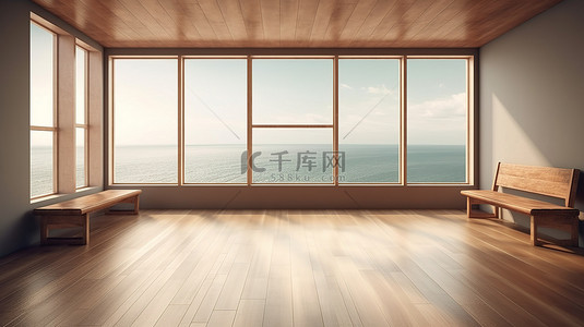 当代 3D 房间可视化，配有人字形地板木座椅和大窗户的海景