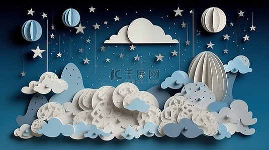 剪纸风格的三维插图描绘了夜空中云朵中的满月和星星