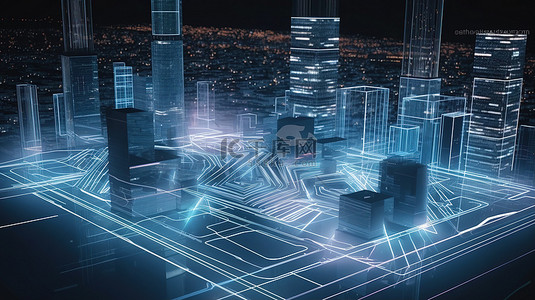 数字建设背景图片_3D 城市景观渲染与发光灯和电线非常适合数字技术和现代演示