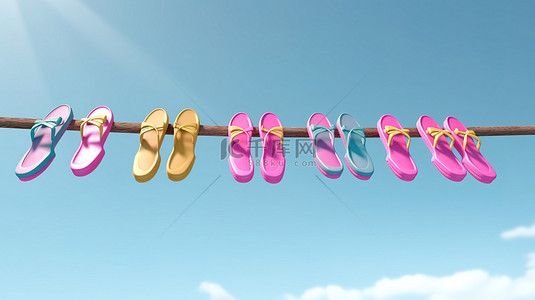 蓝天背景下晾衣绳上充满活力的人字拖和粉色太阳镜的 3D 渲染