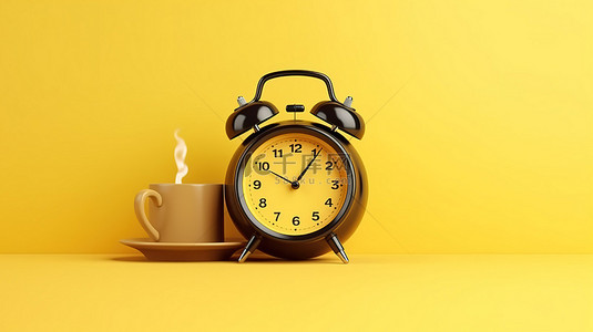 黄色背景，带有 3D 渲染的咖啡杯和闹钟，象征着黑咖啡的能量提升