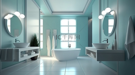 简约浴室镜子背景图片_时尚简约的浴室配有大型现代灯具 3D 渲染