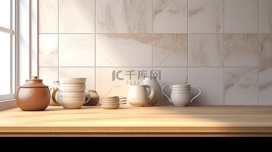 大理石台面的 3D 渲染，配有棕色瓷砖墙壁和厨房柜台的空特写视图