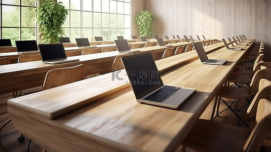 现代教室的 3D 渲染，配有木桌和笔记本电脑，强调数字学习的概念