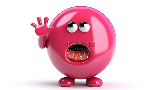 甜点粉色背景图片_1 一个人物吉祥物的 3D 渲染，该吉祥物拿着一个大草莓粉色釉面甜甜圈，白色背景上有红色禁止或禁止标志