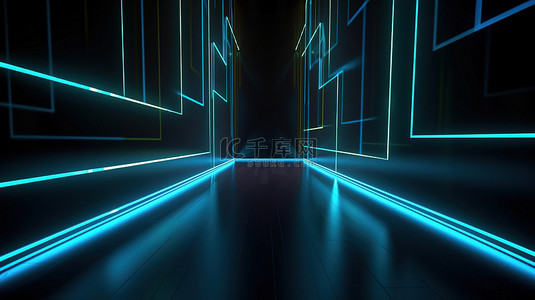 发光的蓝色霓虹灯线照亮了抽象 3D 渲染中的黑墙