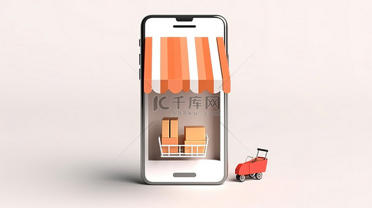 手机店铺背景图片_白色背景下独立在线购物的手机 3D 渲染