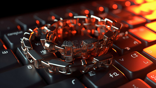 网络安全威胁戴上手铐的键盘 3d 渲染