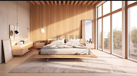 当代木制卧室的 3D 插图充满了大窗户的日光
