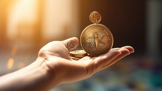 全球商业和胜利之路由一只手拿着 3D 渲染的硬币来说明
