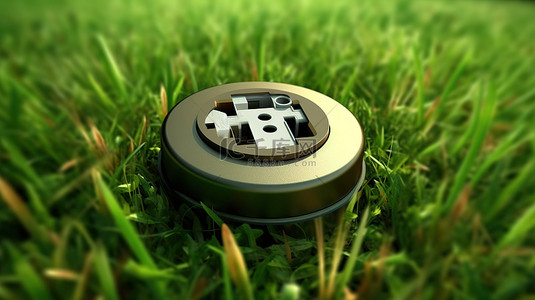 3D 渲染郁郁葱葱的绿色草坪上的生态友好能源电源插座