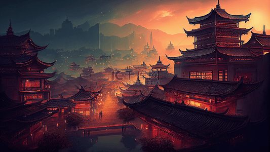 城市建筑中国背景图片_古建筑夜景插画背景