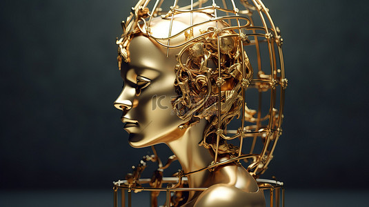 心灵树洞背景图片_被囚禁的心灵一尊带有笼头和裸露大脑的金色雕像 3D 概念艺术