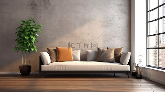 现代客厅的 3D 渲染，配有舒适的沙发和舒适的枕头