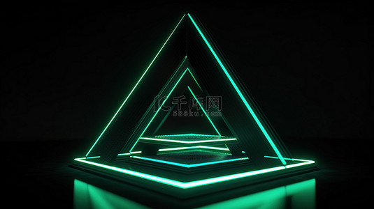 3d光圈背景图片_3d 渲染的几何支架上的绿色霓虹灯突出了深色背景