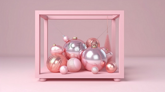 雪花新年背景图片_淡粉色 3D 讲台，配有玫瑰金雪花装饰和珍珠框假日小玩意