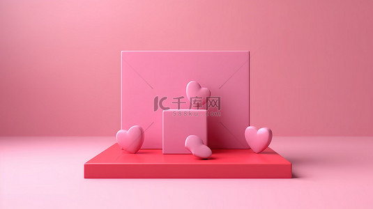 粉红色讲台，粉红色背景上有红色心形 3D 渲染，用于情人节庆祝活动 3D 插图