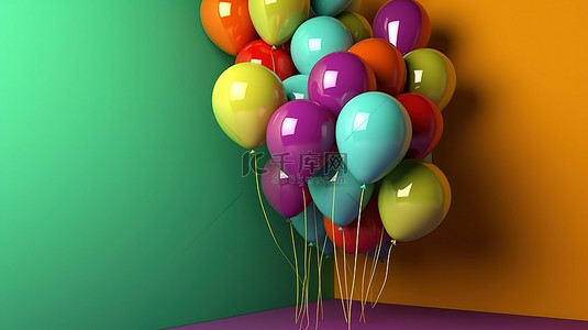 3D 渲染的绿墙背景下充满活力的一堆气球