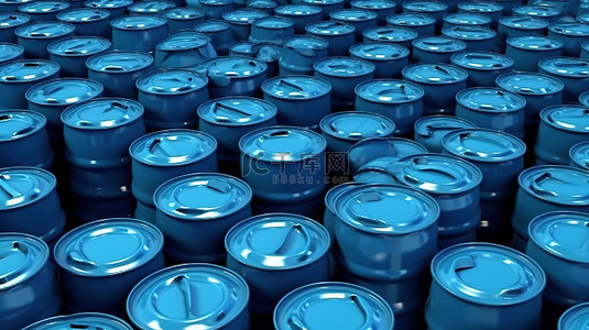 白色污染的背景图片_排列成阵列的一堆蓝色燃料桶的 3D 插图