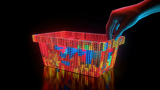 风扇商城背景图片_3D 渲染购物篮，带有艺术风格的像素化手形光标