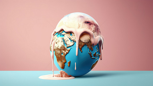 行星撞击融化的冰淇淋描绘了全球变暖 3D 插图与复制空间
