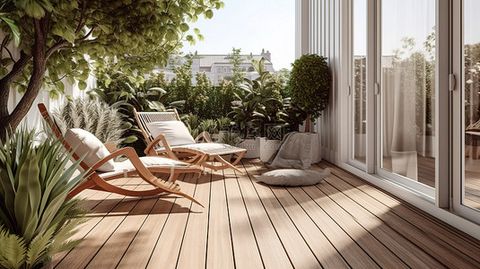 斯堪的纳维亚现代户外设计中木制露台上日光躺椅的 3D 渲染插图