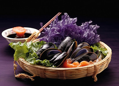 虾背景图片_一篮子青菜虾鲑鱼和米饭，上面放着筷子