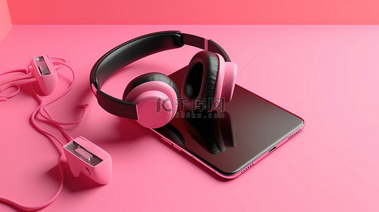 带耳机的智能手机在粉红色背景下显示 3D 渲染音乐应用程序