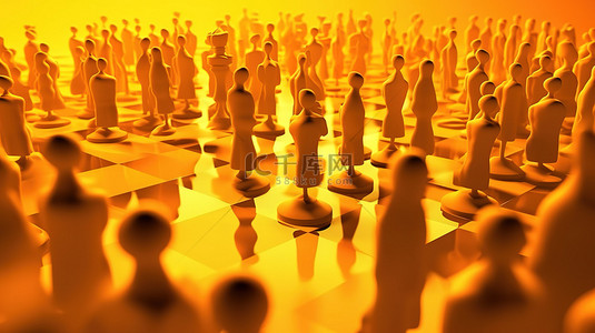 男性人群剪影背景图片_3D 抽象插图中明亮棋盘与一群黄色男性剪影的透视图