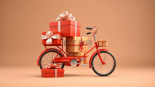搞笑自行车与礼物庆祝圣诞节 3d 渲染