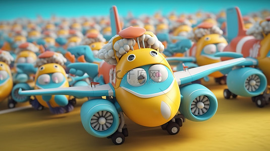 显示欢乐时光横幅的快乐卡通飞机的 3D 渲染