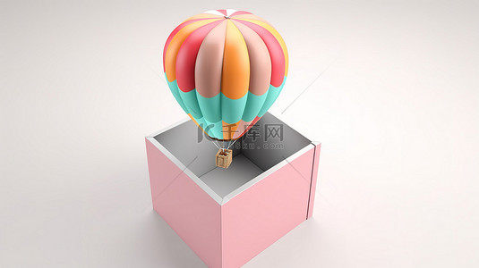 白色背景 3d 渲染的礼品盒与热气球一起翱翔