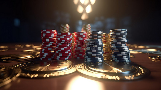 百乐门长条边框背景图片_动态 3D 渲染中的扑克皇冠和赌场筹码