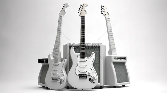 3D 渲染的电吉他，周围环绕着一组扬声器