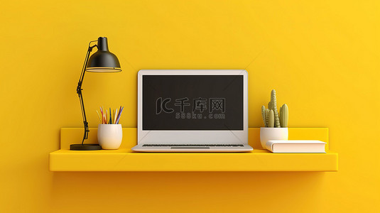 方形背景黄色架子上笔记本电脑的 3D 插图