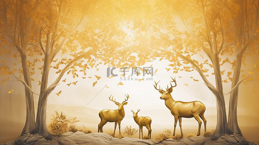森林浅色背景图片_金鹿壁画墙纸 3d 现代油画艺术的金色树景观与浅色背景