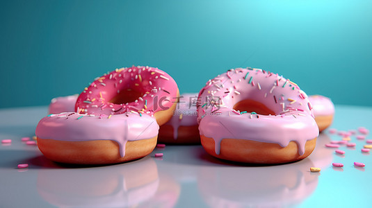 早餐场景背景图片_柔和的粉红色和蓝色背景上的 3d 场景中的甜甜圈