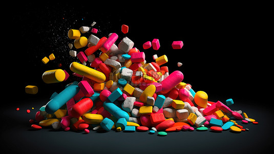 充满活力的药丸混乱不堪，彩色胶囊破碎和倒塌的 3D 渲染图像