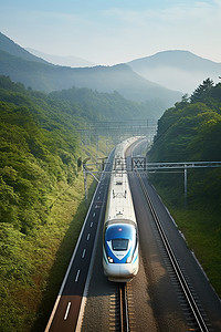 秋天风景背景图片_沿着风景优美的山线行驶的高速列车