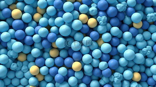 创意科技球背景图片_现代几何框架充满了球池中蓝色球体的顶视图平躺 3D 插图