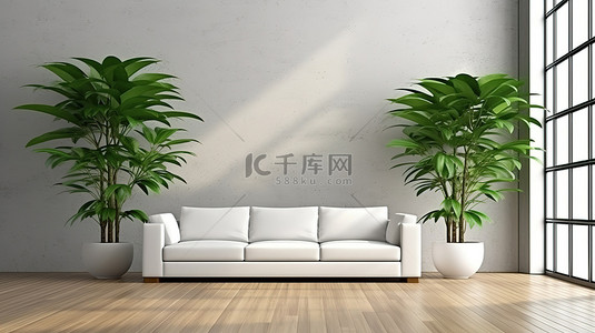 3D 渲染的木制房间内配有自然风格的现代白色沙发