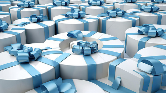 白色礼品盒的横向渲染，蓝色丝带排列成圆形，由动态背景增强