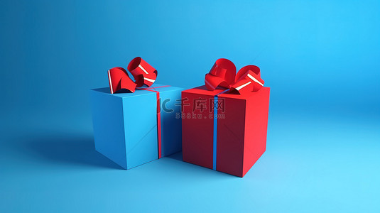 节日背景圣诞节新年 3d 渲染上带丝带的蓝色红色礼品盒
